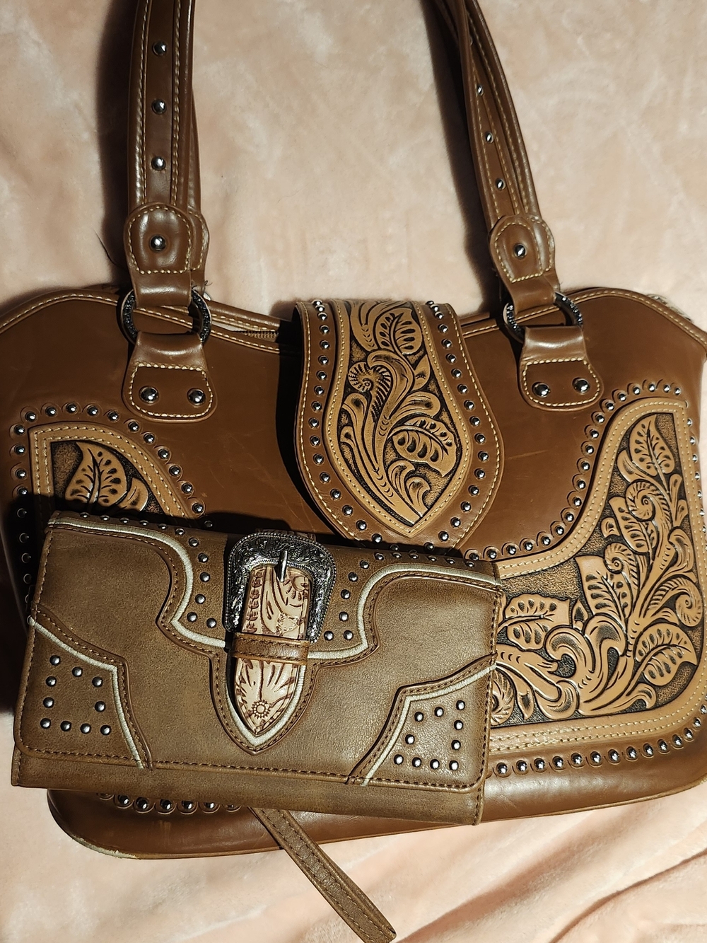 Montana West Embroidered Floral Tote and Matching Wallet - Tan
